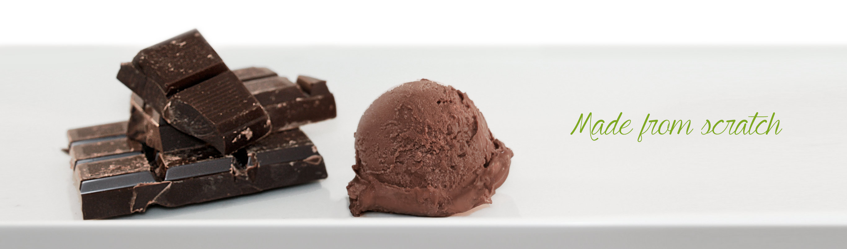 dark chocolate bar and chocolate gelato with text:Made from scratch